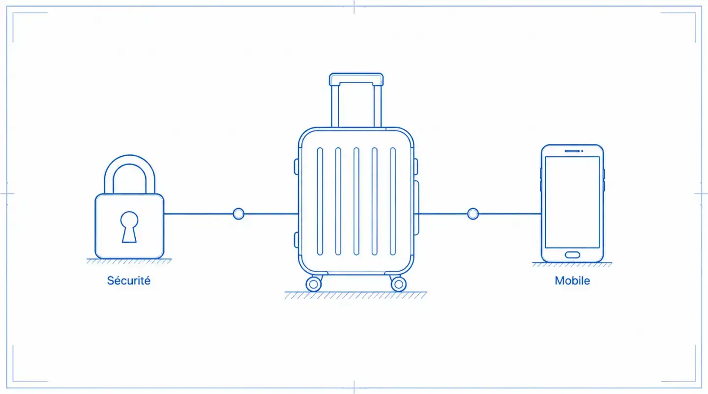 Schéma technique d'une valise de voyage reliée à un cadenas et un smartphone, symbole de réservations protégées
