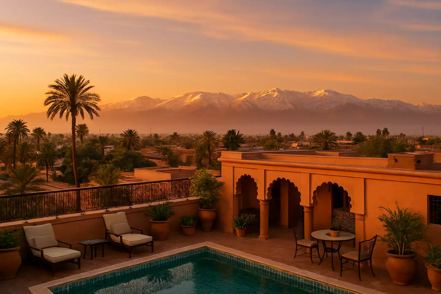 Marrakech vue sur l’Atlas depuis un rooftop