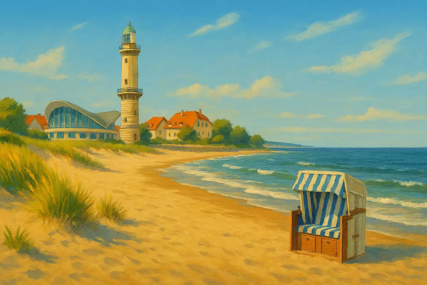 Warnemünde : le phare emblématique, le bâtiment Teepott, la plage de sable doré et l’atmosphère maritime unique de cette station de la mer Baltique.